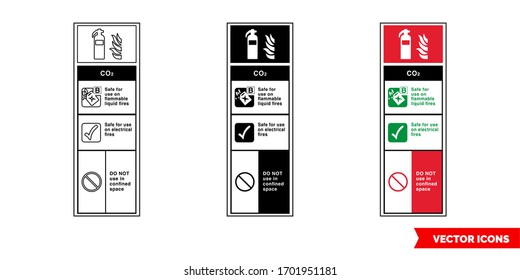 CO2 fire extinguisher id sign icon of 3 types: color, black and white, outline. Isolated vector sign symbol.