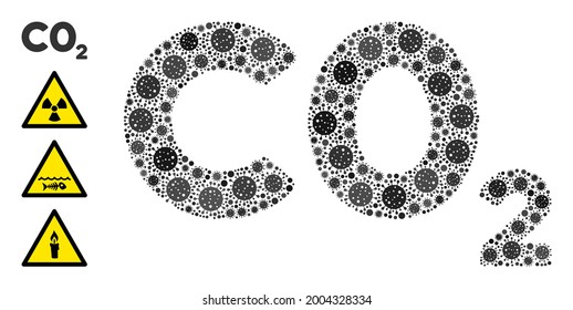 CO2 formula covid mosaic icon. CO2 formula collage is constructed with scattered pathogen pictograms. Bonus pictograms are added. Flat style.