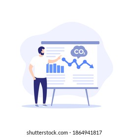 co2 gas, carbon emission reduction presentation, man presenting data