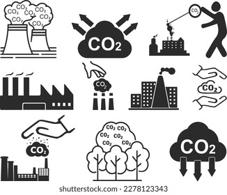 CO2 gas icon set, 10 carbon emissions reduction icon set black vector