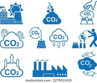 CO2 gas icon set, 10 carbon emissions reduction icon set black vector