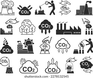 CO2 gas icon set, 20 carbon offset vector icon set black vector
