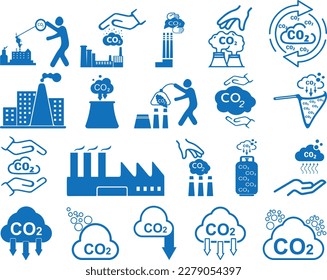 conjunto de iconos de gas CO2, 20 icono de vector de desvío de carbono conjunto vector azul