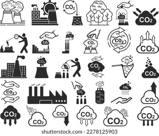CO2 gas icon set, 30 carbon gas icon set black vector