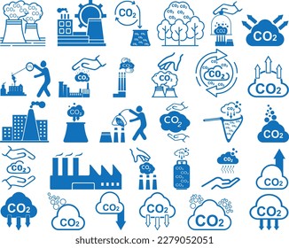 Juego de iconos de gas de CO2, 30 icono de gas de carbono conjunto vector azul