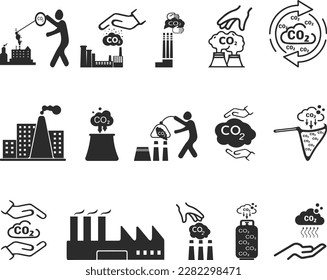 Co2 gas icon set, gas capture icon set black vector