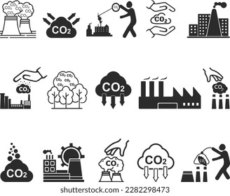 Co2 gas icon set, gas capture icon set black vector