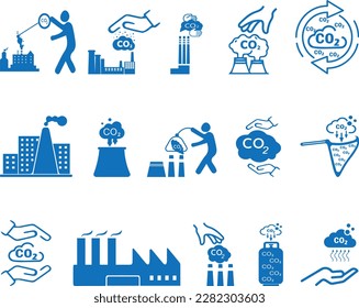 Co2 gas icon set, gas capture icon set blue vector