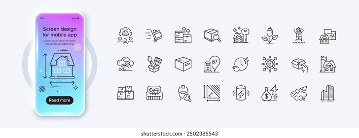 Co2, gas Co2 e inspeccionar los iconos de línea para el App de Web. Pantalla de degradado de maqueta de teléfono. Paquete de edificios de rascacielos, tiempo de carga, iconos de pictogramas de dimensión de la casa. Vector