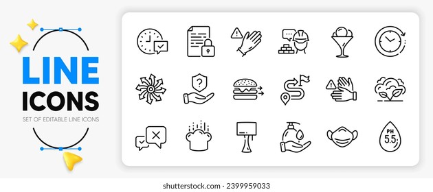 Los iconos de la línea de manos de gas de Co2, máscara médica y lavado para la aplicación incluyen Ph neutro, Food Delivery, Versatile contorno delgado icono. Lámpara de mesa, use guantes, Ice crema pictograma icono. Construir. Vector