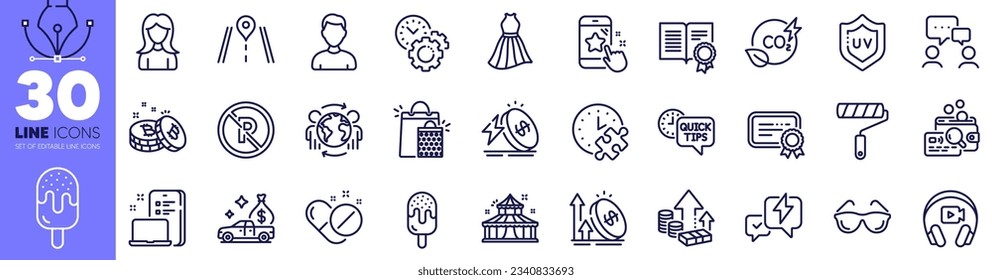 Co2 gas, People chatting and Quick tips line icons pack. Puzzle time, Lightning bolt, Excise duty web icon. Bitcoin, Medical pills, Certificate pictogram. Headphones, Eyeglasses, Road. Vector