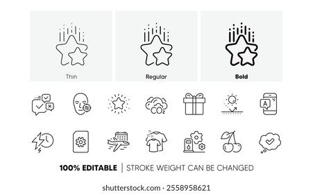 Co2, Gift box and Problem skin line icons. Pack of Charging time, Clean t-shirt, Select flight icon. Twinkle star, Approved, Online voting pictogram. Cherry, Sun protection, File management. Vector