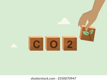 CO2 Green Growth Wooden Blocks Environmental Concept. wooden blocks spelling CO2 with a hand adding plant symbol block, representing environmental sustainability and carbon reduction. CO2 emissions. 