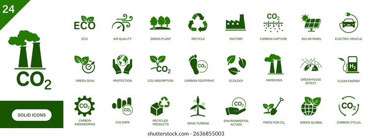 Co2 icon. Containing ecology, green energy, carbon capture, greenhouse effect, environment. Solid vector icons collection.