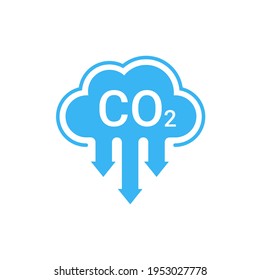 CO2 icon icolated on white background. Blue cloud and down arrows. Concept carbon emission reducing. Line simple flat design. vector illustration.