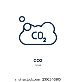 icono co2 de la colección de signos. Co2 lineal delgado, contaminación, icono de contorno ambiental aislado en fondo blanco. Signo de línea vectorial co2, símbolo para web y móvil