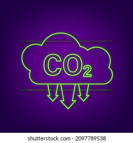 Logo de CO2 en neón aislado en fondo vacío. Icono plano sobre fondo blanco. Ilustración del logotipo del vector.