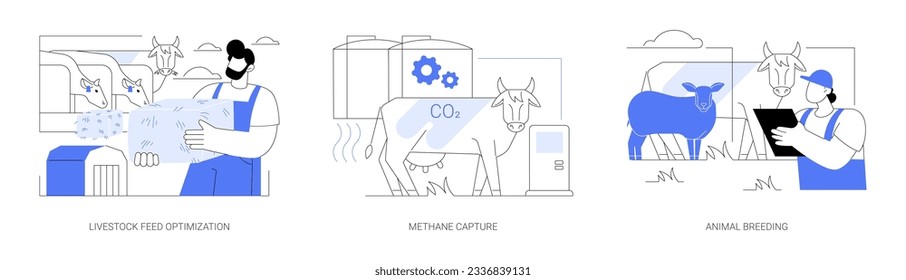 CO2 management abstract concept vector illustration set. Livestock feed optimization, methane capture, animal breeding, low-emission diet for livestock, smart farming, agroecology abstract metaphor.