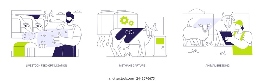 CO2 Management abstrakte Konzept Vektor Illustration Set. Optimierung von Futtermitteln, Methanabscheidung, Tierzucht, emissionsarme Ernährung für Nutztiere, intelligente Landwirtschaft, Agrarökologie abstrakte Metapher.