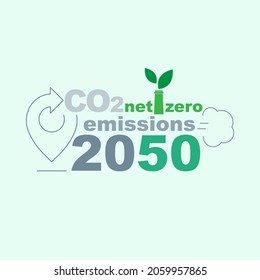 CO2 net-zero emission 2050 typographic design. Location icon becoming direction arrow as a gimmick of exact timeline. Vector illustration outline flat design style.