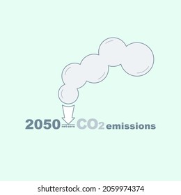 CO2 net-zero emission 2050 typographic design. Smoke symbol with down arrow reaching zero level bar as a gimmick of action plan. Vector illustration outline flat design style.