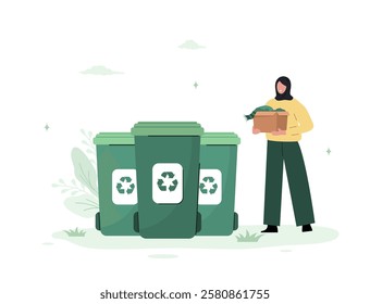 CO2 neutral. Arab Woman sort garbage. Zero waste lifestyle. Ecological concept of recycling materials. Vector illustration in flat cartoon style.