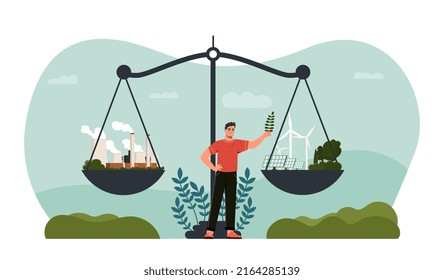 CO2 neutral balance concept. Scales with factories, industries and exhaust or alternative energy sources and solar panels. Zero pollution and environmental care. Cartoon flat vector illustration