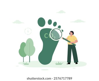 CO2 neutral. Carbon dioxide footprint, environmental pollution. Climate change. Net zero. Female character with magnifier. Vector illustration in flat cartoon style.