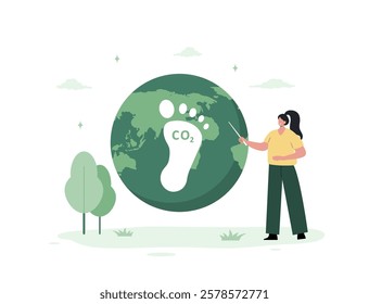 CO2 neutral. Carbon dioxide footprint, environmental pollution. Climate change. Net zero. Female character studies emissions. Vector illustration in flat cartoon style.