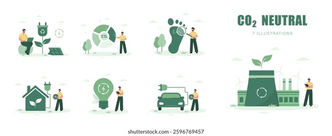 CO2 Neutral. Characters working in green recycling industry. ESG, green energy, sustainable industry. Net zero. Set of Vector illustration in flat cartoon style.