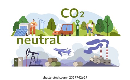 concepto de balance ecológico neutro de CO2. La gente ayuda a salvar la neutralidad del carbono, a compensar la contaminación del aire de las fábricas y la industria. Los personajes protegen la atmósfera del smog y reducen las emisiones al medio ambiente.