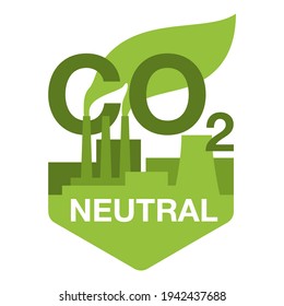 CO2 neutral. Green badge with factory silhouette, net zero carbon footprint - carbon emissions free no air atmosphere pollution industrial production eco-friendly isolated sign in creative decoration