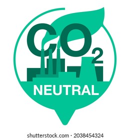 CO2 neutral. Green badge in pin form with factory silhouette, net zero carbon footprint - carbon emissions free no air atmosphere pollution industrial production eco-friendly isolated sign in creative