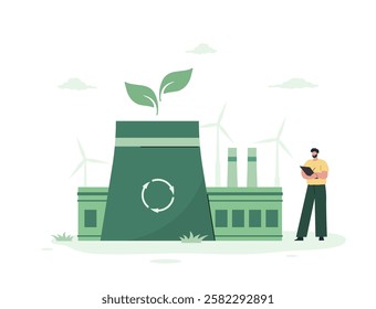 CO2 neutral. Green industrial factory with renewable energy. Low carbon and environmental responsibility concept. Net zero. Vector illustration in flat cartoon style.