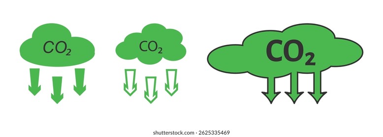 CO2 neutral icon. Carbon gas emission reduction green labels. Ecology, environment, air pollution improvement concept.