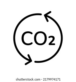 CO2 neutral icon isolated on white. Black linear style CO2 sign with recycle circle arrow symbol. Zero carbon footprint, greenhouse gas emission reduction concept.