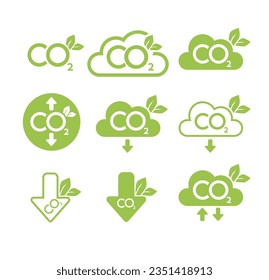 CO2 neutral icon set. Carbon gas emission reduction green labels. Ecology, environment, air pollution improvement concept. Flat Vector