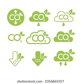 CO2 neutral icon set. Carbon gas emission reduction green labels. Ecology, environment, air pollution improvement concept. Flat Vector illustration