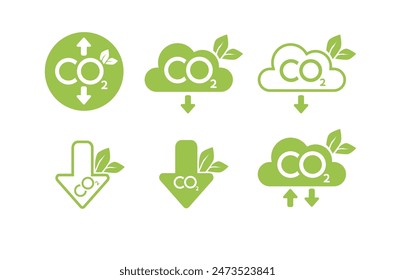 CO2 neutral icon set. Carbon gas emission reduction green labels. Ecology, environment, air pollution improvement concept. Flat Vector