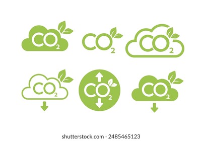 CO2 neutral icon set. Carbon gas emission reduction green labels. Ecology, environment, air pollution improvement concept. Flat Vector