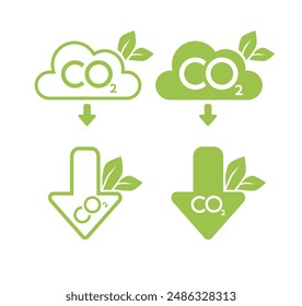 CO2 neutral icon set. Carbon gas emission reduction green labels. Ecology, environment, air pollution improvement concept. Flat Vector