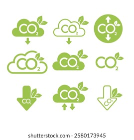 CO2 neutral icon set. Carbon gas emission reduction green labels. Ecology, environment, air pollution improvement concept. Flat Vector