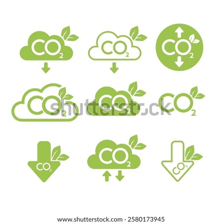 CO2 neutral icon set. Carbon gas emission reduction green labels. Ecology, environment, air pollution improvement concept. Flat Vector