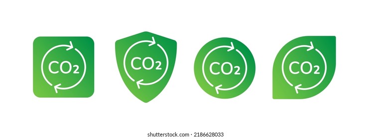 CO2 neutral icon set isolated on white. Zero carbon footprint, CO2 emission reduction, carbon neutral label banner decor elements. CO2 text and recycle renew arrows around on green. Linear vector icon