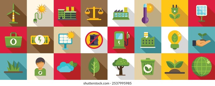 Co2 neutral icons set. Colorful icons representing renewable energy sources, environmental conservation, and sustainable practices for a greener future