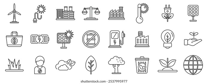 Co2 neutral icons set. Line art icons representing renewable energy sources, environmental protection, and sustainable practices for a greener future