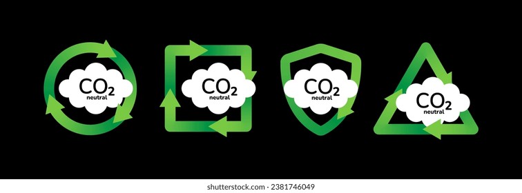CO2 neutral label sticker set isolated on dark background. Eco friendly recycle green arrows with CO2 neutral text clouds. Zero carbon footprint logos. Stop global warming climate changes vector icons