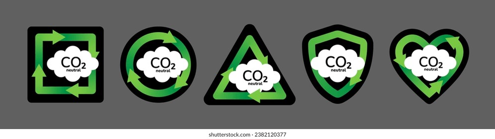 CO2 neutral label stickers vector icon set. Zero carbon footprint, CO2 emission reduction, carbon neutral logos. Eco friendly green recycle symbol with CO2 neutral cloud vector illustration.