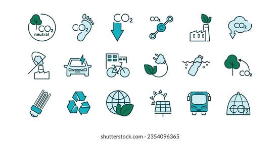 CO2 neutral line icon set. Net zero concept. Green energy, CO2 neutral, save Earth. Editable vector stroke. Minimal vector illustration. Simple outline sign for ecology 