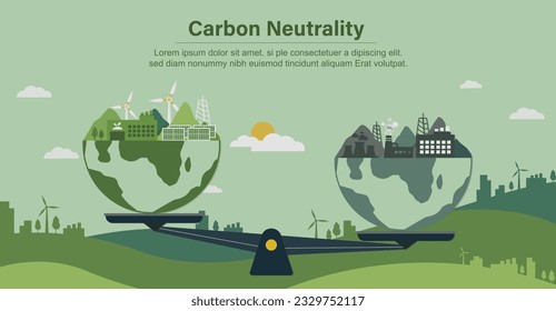 CO2-neutrales lineares Konzept. Gleichgewicht zwischen CO2-Emissionen und Erde. Die Natur. Ökosystem. Offset Treibhausgas-Rauch. neutraler CO2-Nettofußboden